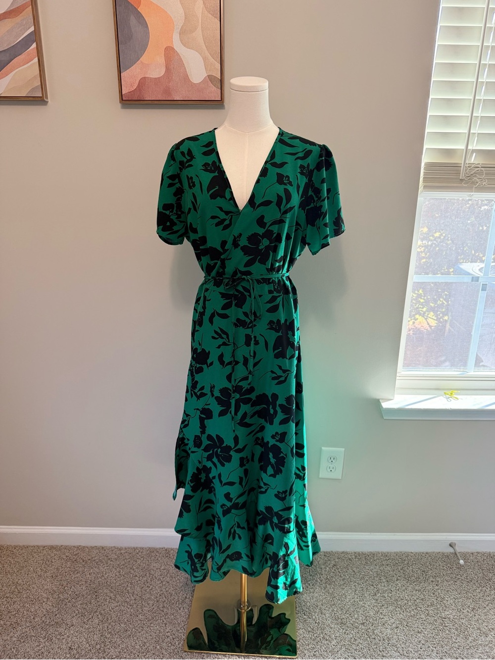 Amazon Black & Green Floral Wrap Midi Dress - Women's